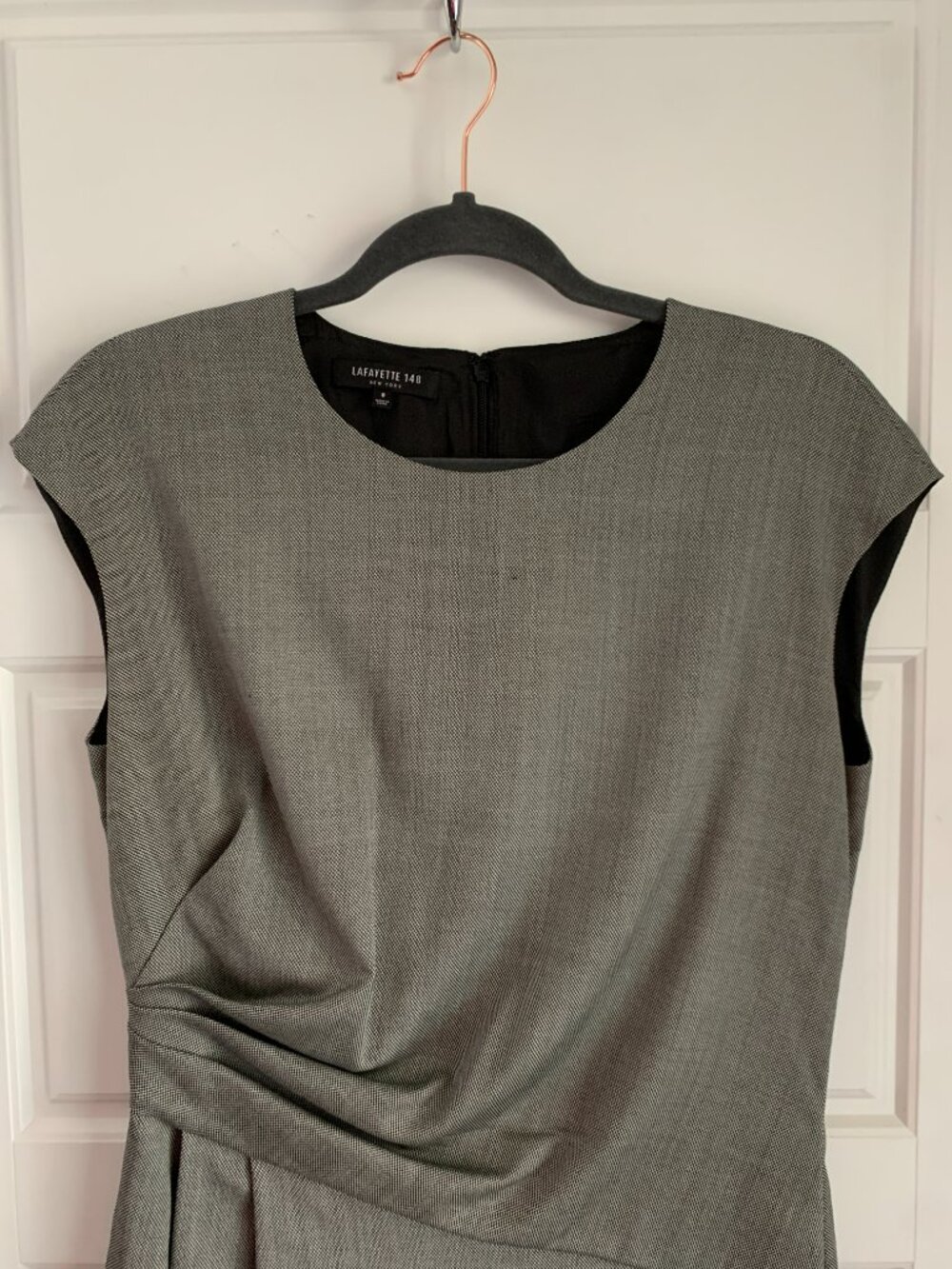Lafayette 148 New York Virgin Wool Sheath Dress Gray Ruched Waist Career Size 8 - Picture 4 of 7